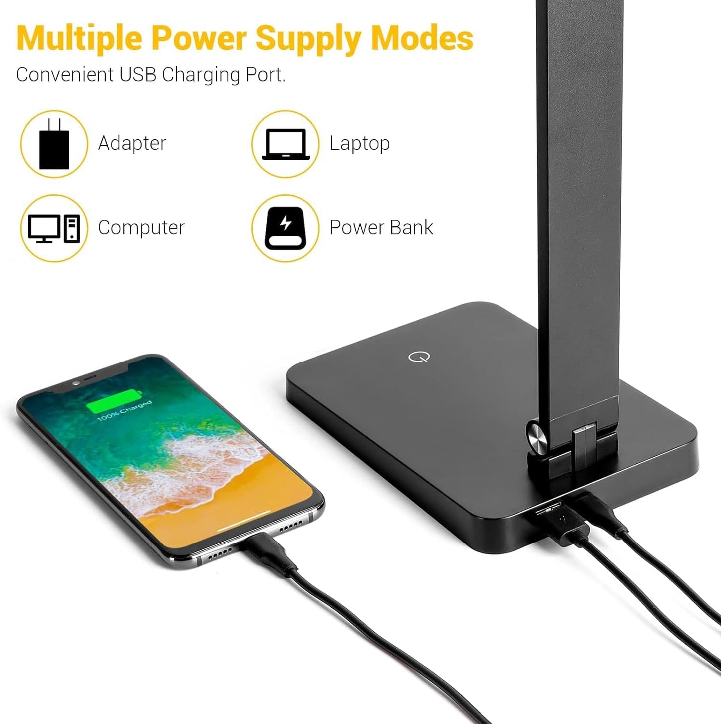 Skiennix LED Desk Lamp - Dimmable 3-Level Lighting with USB Charging Port | Compact Black Study Light