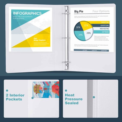 3 Ring Binder 1-1/2 Inch, ViVin Sturdy 1.5"-Slant D Ring Binder with 2 Interior Pockets, Clear View Cover, PVC-Free, Fits 350 Sheets of US Letter Size Paper (6 Pack, White)