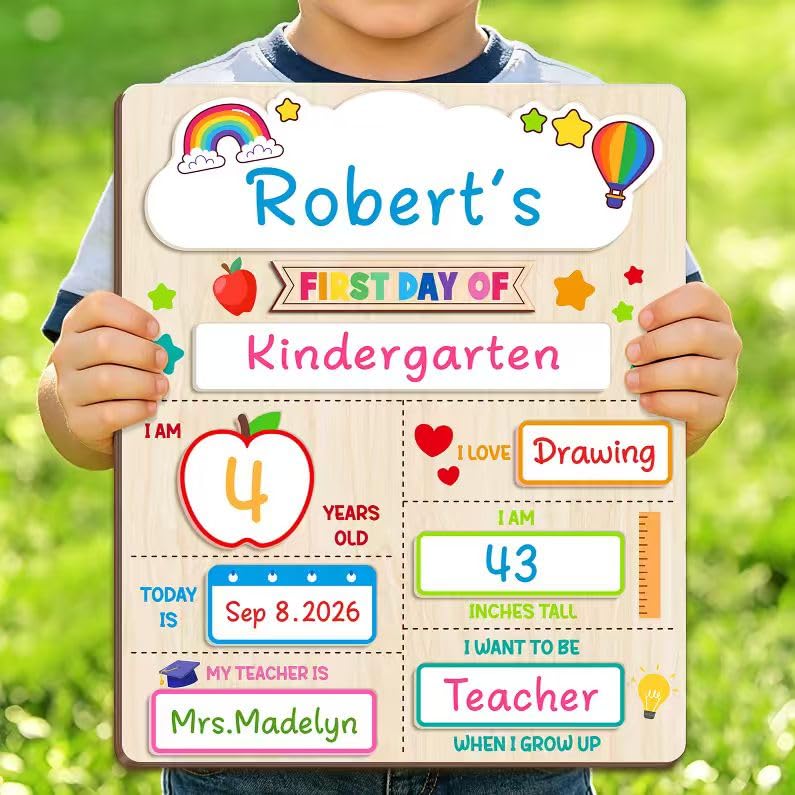 First Day of School Sign Board with 6 Markers - Reusable Wooden Chalkboard for Kids, Kindergarten & Preschool