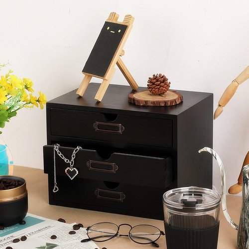 PACKGILO Wooden Storage Box Rustic Desktop Organizer with 3 Drawers Office Desk Accessories Shelf Small Craft Storage Containers Apothecary Cabinet and Chest Jewelry Holder for women(BLACK)