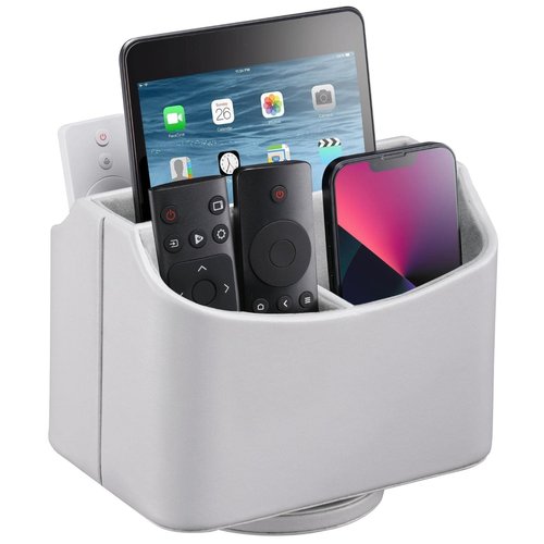 LAMOTI Leather 360 Spinning TV Remote Caddy - 5-Compartment Desk Organizer for Universal Remotes, Phones, Tablets, Pens, Eyeglasses & More (Grey)