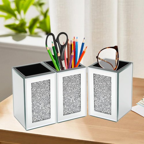 Pibeyer Desktop Mirrored Pencil Holder Cup and Pen Holder, Crush Diamond Office Stationery Organizer, Set of 3