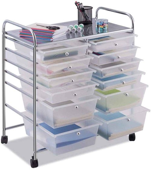 SPSUPE 12-Drawer Rolling Storage Cart, Utility Cart Storage Shelves with 4 Universal Wheels, Tools Scrapbook Paper Organizer, Ideal for Home Kitchen Office Organizing (Transparent)