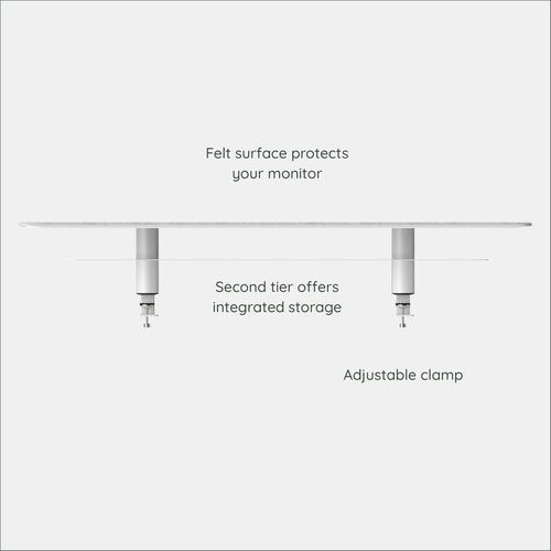 Branch Monitor Stand - Elegant, Durable Powder-Coated Steel Stand with Soft Felt Liner - Large Monitor Riser Second Tier Storage - Installs with a Universal Clamp for Ergonomic Workspace - White
