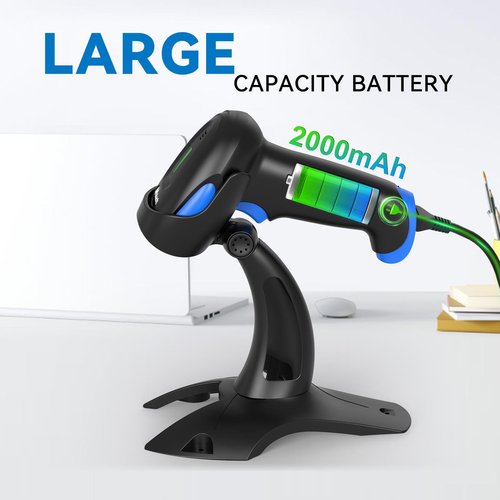 Alacrity 2D 1D Wireless Barcode Scanner with Stand, 3-in-1 Connectivity Bluetooth 2.4G Wireless USB Wired, Barcode Reader with Hands-Free Mode and Vibration Alert, Black