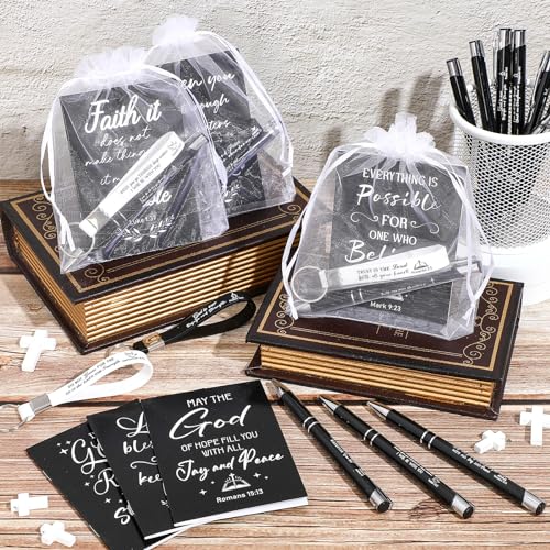 Spakon 192 Pcs/48 Set Christian Gifts Bulk for Women Men Pastor Appreciation Gifts Bible Verse Pens Religious Notebook Christian Keychain for Sunday School Teacher Church(Classic Style,5.5 Inch)