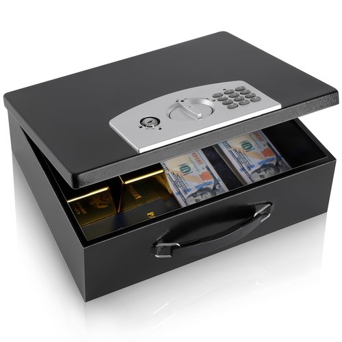 Dalmbox Portable Metal Safe Box with Digital Code Lock,Fire Resistant Storage for Documents, Fireproof Safe Box, Car, Home, Office and Outside, Black Box