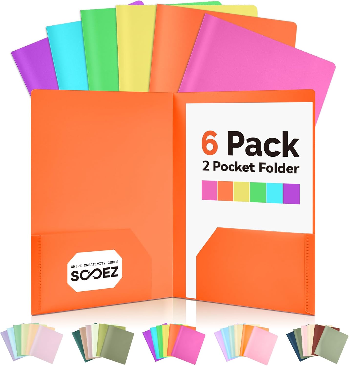 Sooez 6-Pack Plastic Pocket Folders - Heavy Duty, Aesthetic Pastel Colors | Ideal for School & Office
