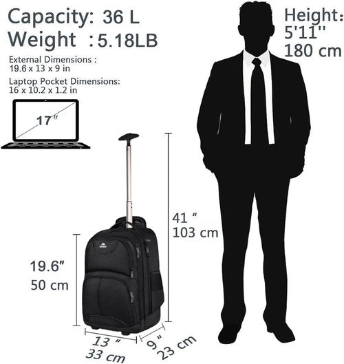 MATEIN Rolling Backpack, 17 inch Water Resistant Wheeled Laptop Backpack, Carry on Luggage Business Bag, Overnight College Computer Bag Trolley Suitcase for Men Women Adults to Travel, Black