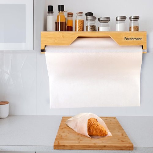 Libreshine 15 Inch Parchment Paper Dispenser with Cutter for Costco-Sized Roll, Bamboo Kitchen Drawer Organizer for Foil & Wax Paper, Wall-Mounted Large Food Wrap Holder