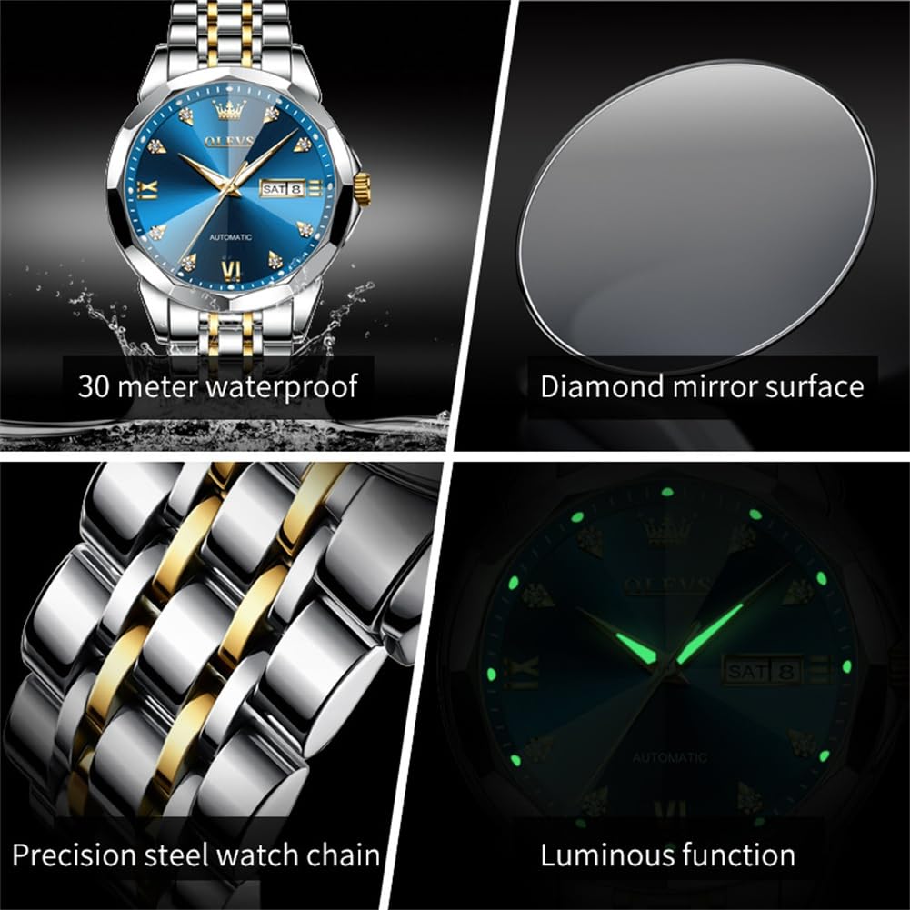 OLEVS Watch for Men Automatic Classic Mechanical Watch Diamond Mirror Stainless Steel Dress Casual Waterproof Day/Date Calendar Blue