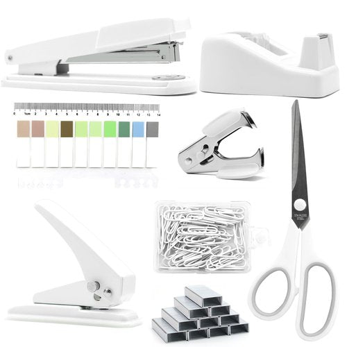 White Desk Accessories, White Office Supplies,Large Stapler and Tape Dispenser Set, White Desk Accessory Kit, Gift for Students, Women, Coworkers, Boss Lady, Office Clerks