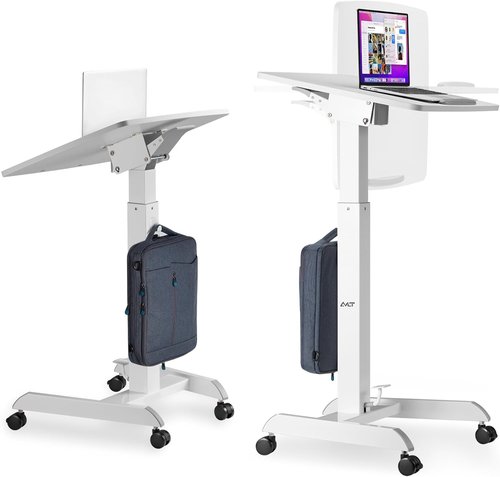 AVLT Height Adjustable Mobile Workstation - Pneumatic Standing Desk Cart with Tilting Desk | 47" White Finish