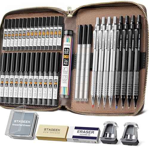 45PCS Black & Silver Metal Mechanical Pencil Set in Leather Case, 0.5, 0.7, 0.9, 2.0mm Drafting Pencils with 28 Tubes(6B 4B 2B HB 2H 4H & Colors)Lead Refills for Art Drawing, Sketching,Writing