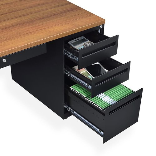 NBF Carbon L Shaped Executive Office Desk with Hutch - Durable Laminate Computer Desk with 3 Drawers - Modern Desk with Storage and Cabinet - Work Desk with Right Return (72" W x 96" D, Gray, Maple)