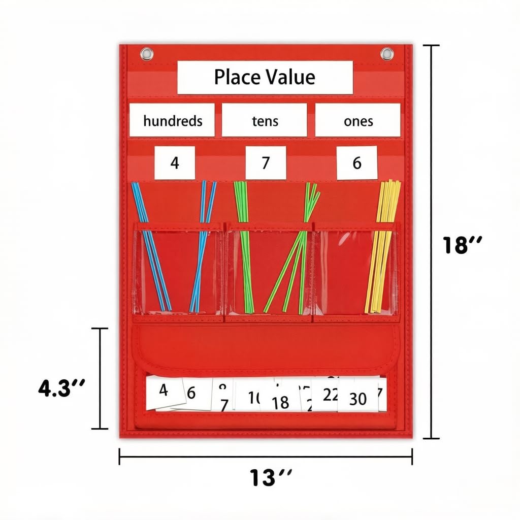 AUVCAS Place Value Pocket Chart & Counting Caddie - Math Manipulatives for Kindergarten, Preschool & Homeschool Classroom (Includes 210 Straws, 30 Number Cards & 4 Headers) - Red