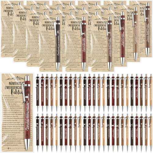 50 Sets Christmas Christian Pens Bulk Bible Verse Religious Ballpoint Bamboo Pens with Bible Verse Emergency Numbers Bookmarks Church Gifts for Women Men Pastor Godmother Teacher (Spanish)