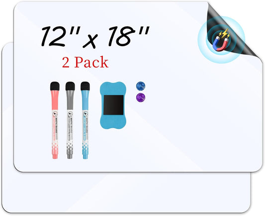 Skiennix Magnetic Whiteboard - 12”x18” Dry Erase Board for Kitchen Organizer | 2 Pack with Markers & Eraser