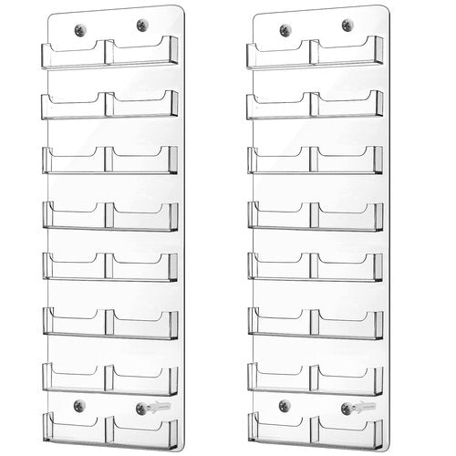 2 Pieces Acrylic Business Card Holder Wall Mount Clear Sticker Display Rack Multiple Clear Acrylic Card Organizer Sticker Display Stand Pre Drilled Index Card Storage (16 Pockets/ 23x 8")