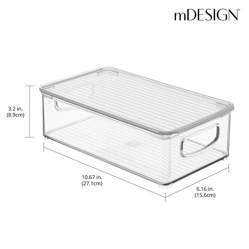 mDesign Plastic Storage Bin Box Container with Lid and Built-in Handles - Organization for Pens, Pencils, or Work Supplies in Home Office, Cabinet, or Desk Top, Ligne Collection - 4 Pack - Clear
