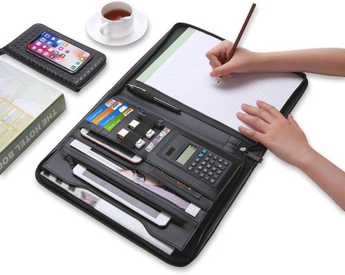 Regine Switzerland Zippered Padfolio - Black PU Leather Organizer with Calculator & 10.1 Inch Sleeve