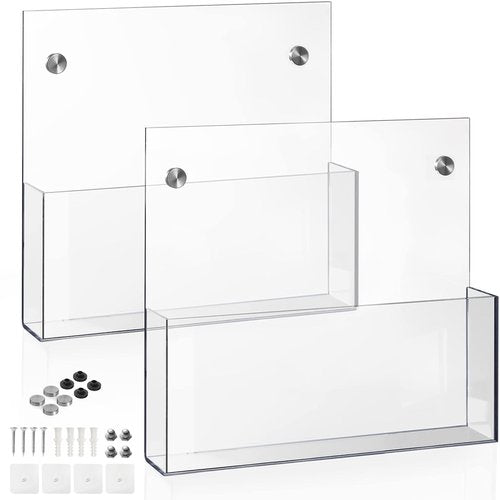 Hanging Wall File Organizer, 2 Pack, Clear Acrylic, Large, Space Saving, Office Wall Mount File Holder with 2 Mounting Options, Mail Holder for Magazine, Mail, Paper, Folders, Document, 12.99x 11.8 In