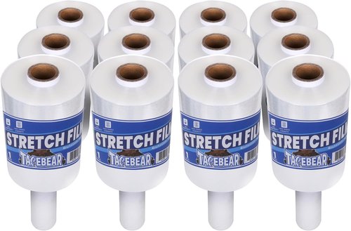 TAPEBEAR 12Rolls Stretch Wrap Film 4" x 1000Ft Shrink Wrap Roll with Handle, 60 Gauge Thick Durable Self-Adhering Clear Plastic Wrap Industrial Strength Pallet Shrink for Moving, Packing