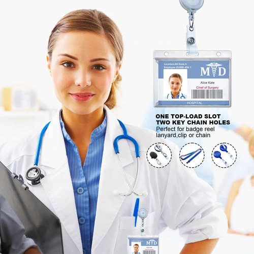Bulk 50 Pack Hard Plastic Badge Holder-Horizontal Heavy Duty ID Card Holder for Badges-Rigid Case Single ID Protector with Easy Access Thumb Slot for Clips,Lanyards & Reels-Frosted Clear by BETOOM