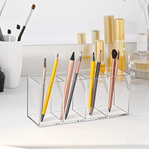 Acrylic Pen Holder Clear Pencil Organizer Makeup Brush Holder Countertop Desk Accessory Storage (4 Compartments)