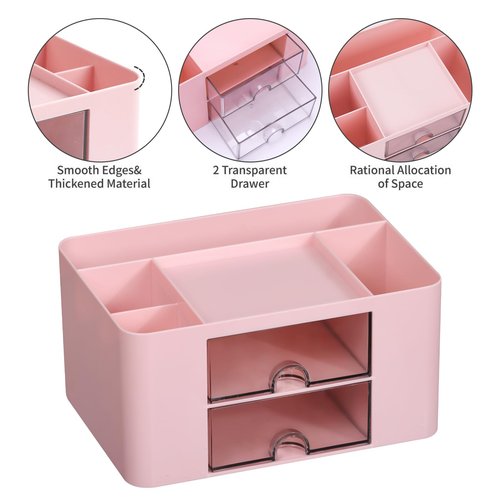 Pink Desk Organizers and Accessories 12+1Pcs, Office Supplies for Desk, Pen Organizer with 2 Drawers with Stapler,1000 Staples, Phone Holder, Tape Dispenser, Pen Holder, Sticky Note, Clips, Ruler,Etc