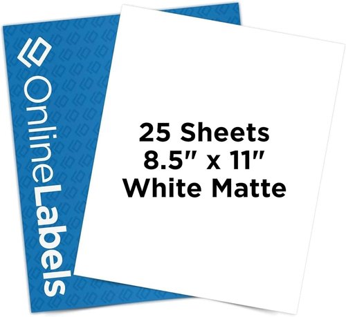 OnlineLabels Full Sheet Sticker Paper - Permanent Adhesive, White Matte - 8.5" x 11" - Compatible With Cricut & Silhouette - 25 Sheets