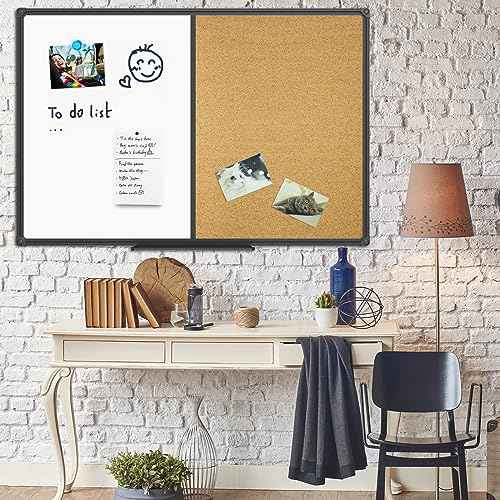 JILoffice White Board & Bulletin Corkboard Combination, Combo Board 48 x 36 Magnetic Whiteboard, Black Aluminum Frame Wall Mounted Board for Office Home and School with 10 Push Pins