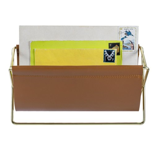MyGift 10 Inch Mid Century Caramel Leatherette Mail Sorter Letter Holder Rack with Brass Tone Metal Frame, Faux Leather Sling Style Office Desk Card Envelope Organizer Stand