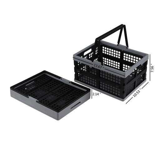 Tyminin Pack of 2 Collapsible Shopping Baskets, 15 Liter Folding Plastic Crate with Handles, Moving Storage Crate Small Stackable Containers Bins, Black