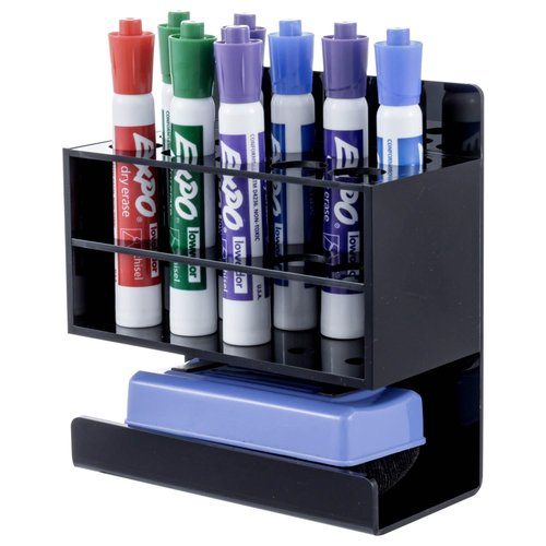 MyGift Magnetic or Wall Mount Office White Board Accessories Organizer Rack, Premium Black Acrylic Dry Erase Marker Holder with 10 Slots and Bottom Eraser Tray