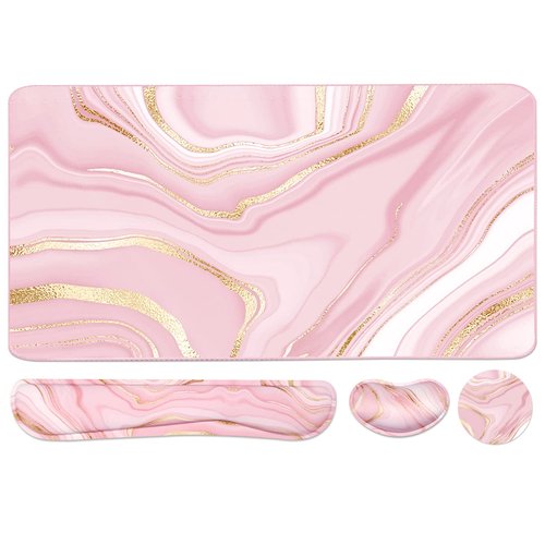 Keyboard Mouse Pad Set, Extended Mouse Pad+Keyboard Wrist Rest Support, Memory Foam Ergonomic Easy Typing, 3Pcs (35.4×15.7 in) Desk Pad Set for Home Office Study Game- Pink Gold