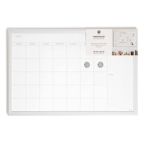 U Brands Farmhouse Dry Erase Calendar White Board with White Frame Set, Office Supplies, with Magnets, 20” x 30”, 3 Pieces
