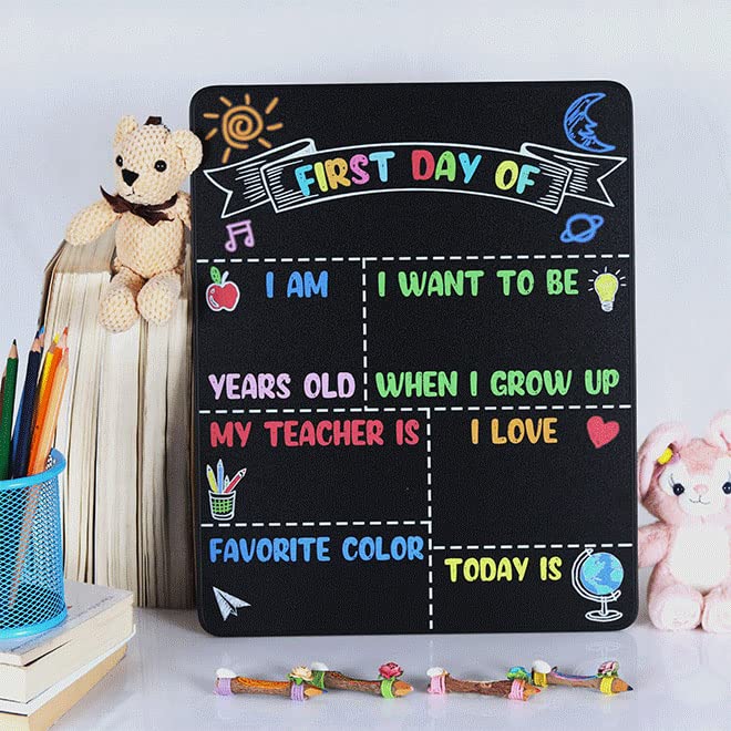 Sunboom Reusable First Day of School Sign 14x11 in Double-Sided Kindergarten & Preschool Board - Colorful Back to School Chalkboard Sign for Kids, 1pcs