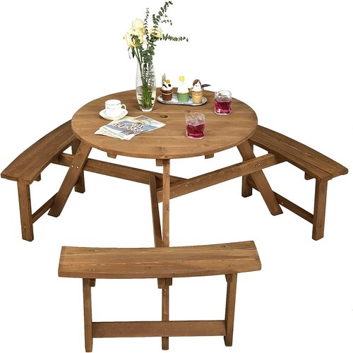 Tangkula 6 Person Wooden Picnic Table, Outdoor Round Picnic Table with 3 Built-in Benches, 1.5 Inch Umbrella Hole, Outside Wood Table and Bench Set for Garden, Backyard, Porch (Dark Brown)