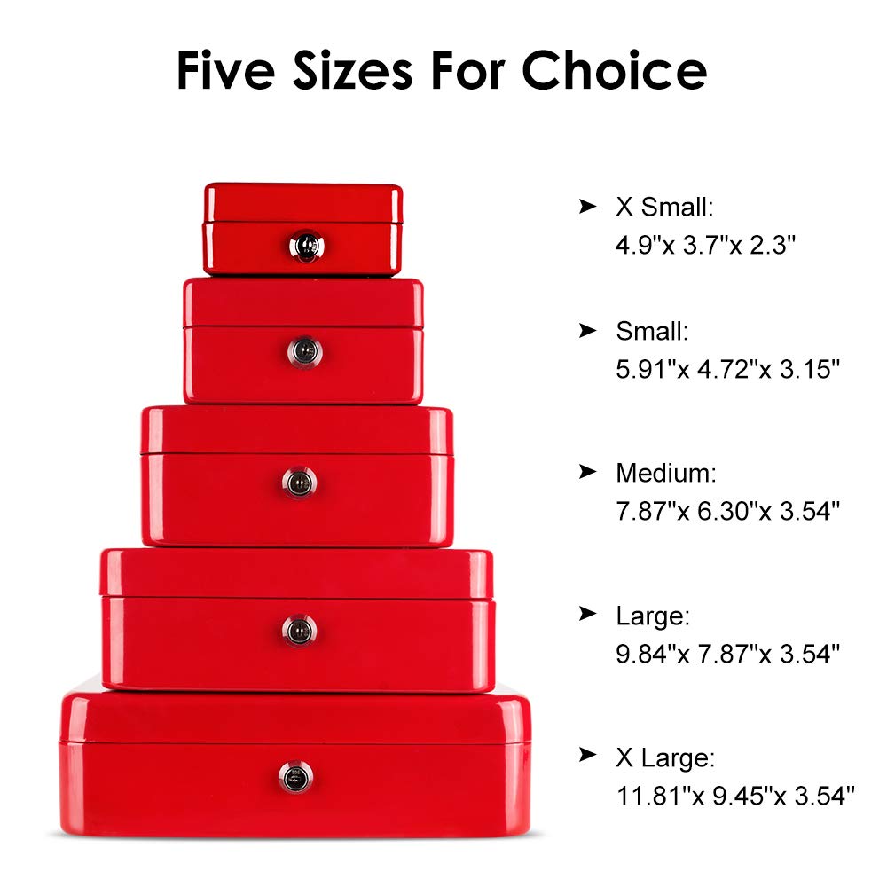 Kyodoled Cash Box with Money Tray,Small Fire Resistant Safe Lock Box with Key,Cash Drawer,5.91"x 4.72"x 3.15" Red Small