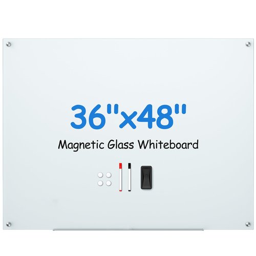 VUSIGN Glass Whiteboard 36" x 48" Magnetic Dry Erase for Office, School, Home, Frameless Mounting, Includes 4 Magnets, 2 Markers and 1 Erasers