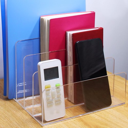 Halyuhn Acrylic File Organizer, 4Sections Clear Desk Organizer for Home Office, Desktop File Folder, Acrylic Mail Organizer Countertop for Notebook, Document and Paper, Clear File Holder,1Pcs