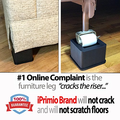 iPrimio Bed and Furniture Square Risers - 3 Inch Rise Size - Wont Crack & Scratch Floors - Heavy Duty Rubber Bottom - Patent Pending - Great for Wood and Carpet Surface (Black, 6)