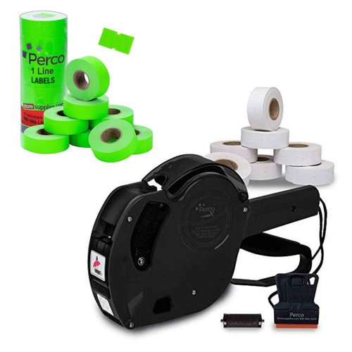 Perco 1 Line Price Gun Kit with 9,000 White Labels and Fluorescent Green Labels