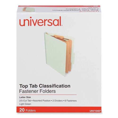 Universal six-Section Classification folders, Heavy-Duty pressboard Cover, 2 dividers, 6 Fasteners, Letter Size, Light Green, 20/Box
