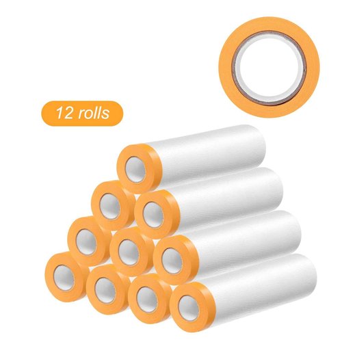 HARFINGTON 12 Rolls Pre-Taped Masking Film 118.1" x65.6ft Tape and Drape Painters Plastic Drop Cloth Film with Tape Plastic Sheeting for Automotive Painting Covering
