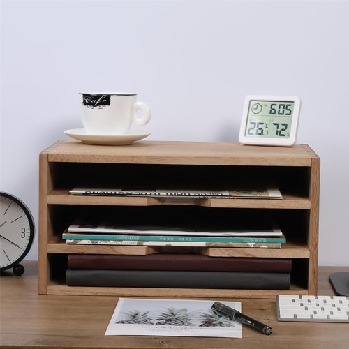 DDYURI 3-Tier Paper Storage Letter Tray File Sorter - Wood Desktop Document Organizer Holders with Mail Sorter, School & Home Magazine File Dividers, Book Rack Shelf Stand for HD-SJ3K (Light)