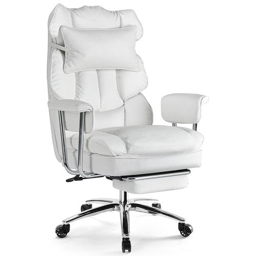 Sweetcrispy Executive Home Office Desk Chair - Ergonomic Big Tall High Back with Footrest & Lumbar Support, Reclining Height Adjustable, Comfy PU Leather Computer Gaming with Swivel Wheels, White