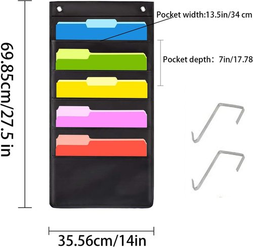 Oxford Wall File Organizer - 5 Pocket Hanging Storage Solution for Classroom, Home & Office - Black