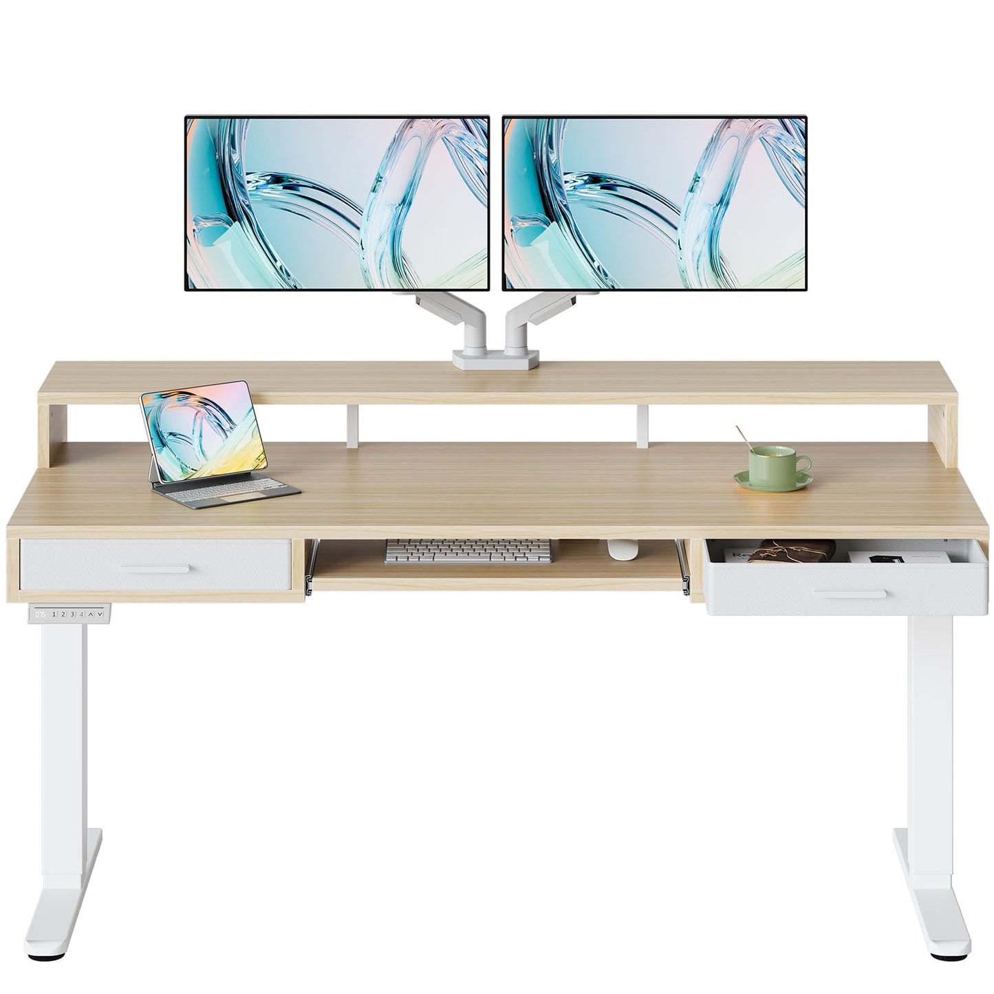 HUANUO 63″ x 26″ Electric Standing Desk with 2 Drawers &24.4″ Large Keyboard Tray, C-Clamp Mount Compatible, Adjustable Computer Desk for Office, Sit Stand Up Desk with 4 Height Presets, Light Walnut